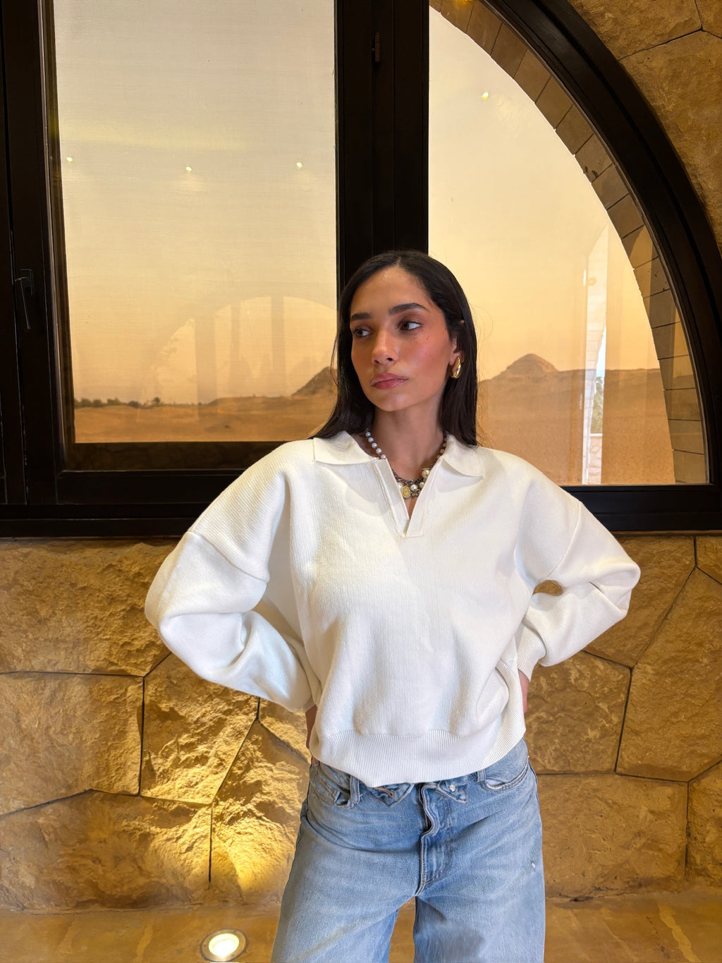 V-Knit Polo White Sweater