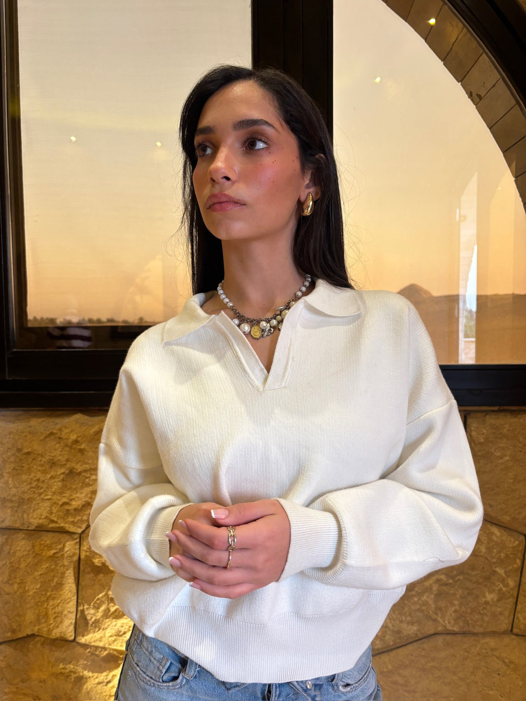 V-Knit Polo White Sweater