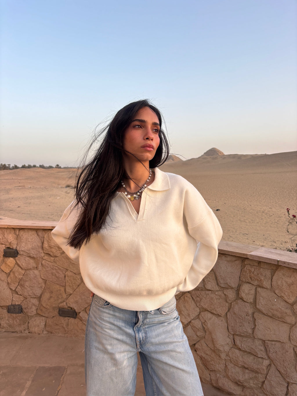 V-Knit Polo White Sweater