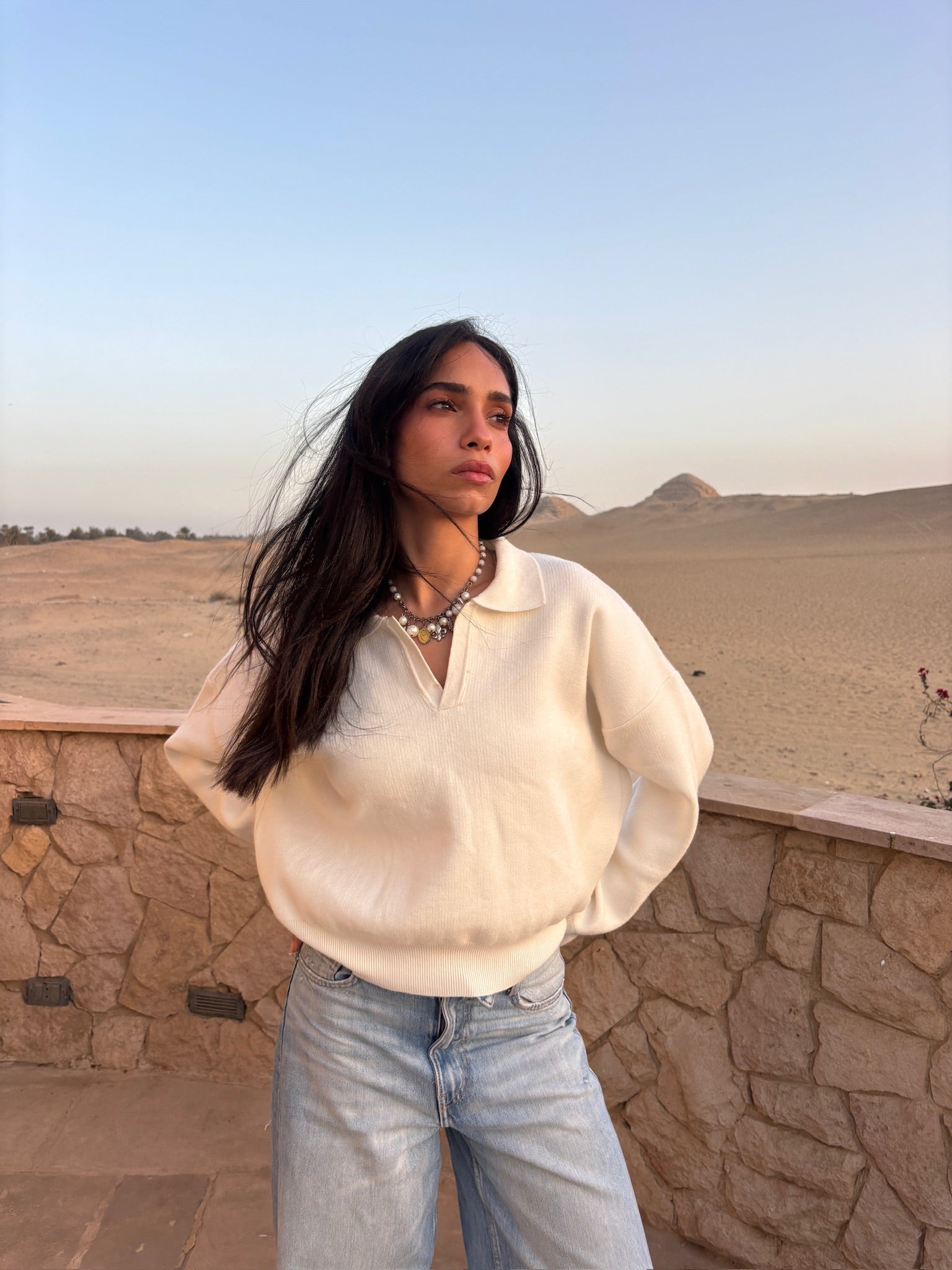 V-Knit Polo White Sweater