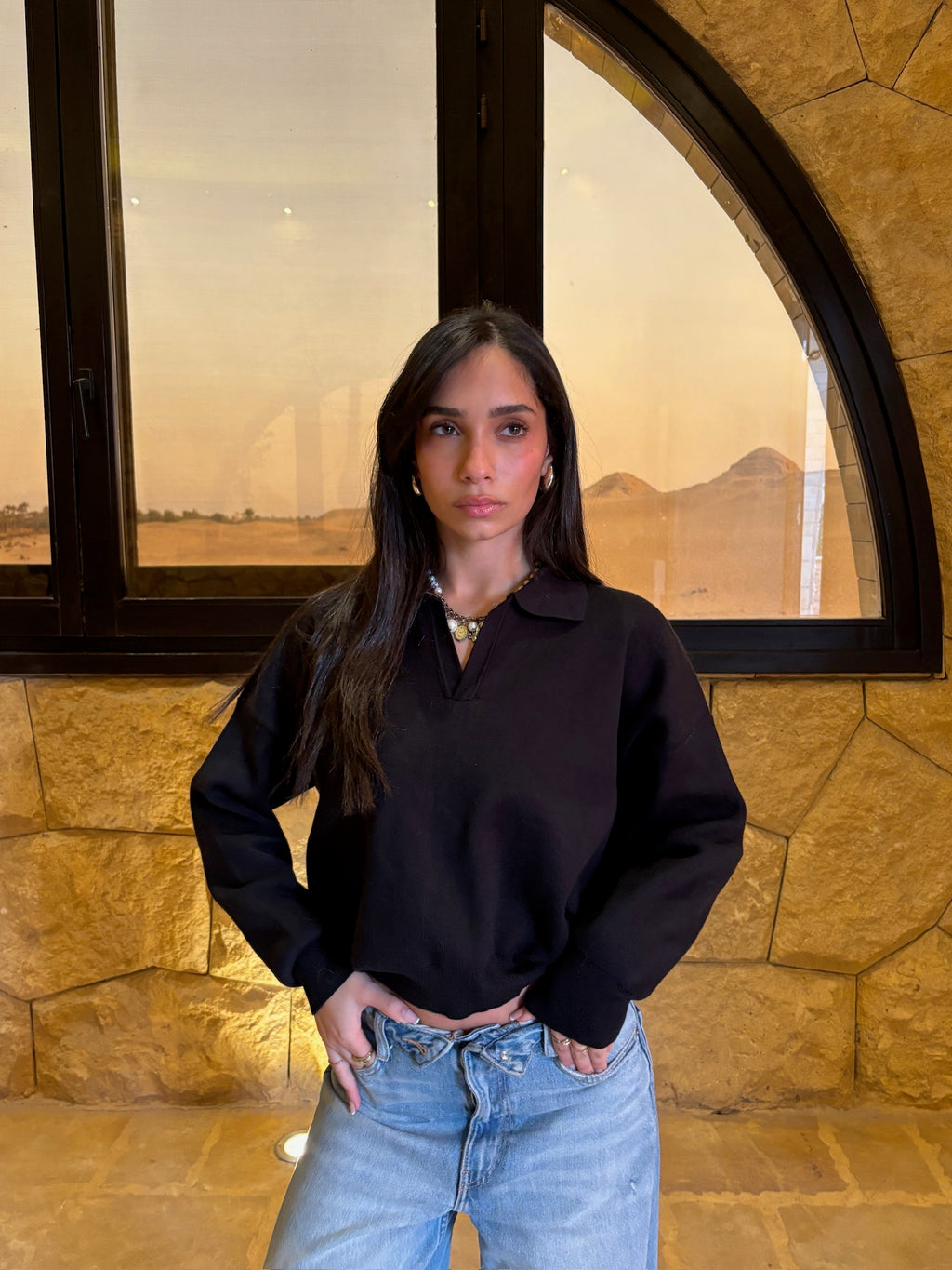 V-Knit Polo Black Sweater