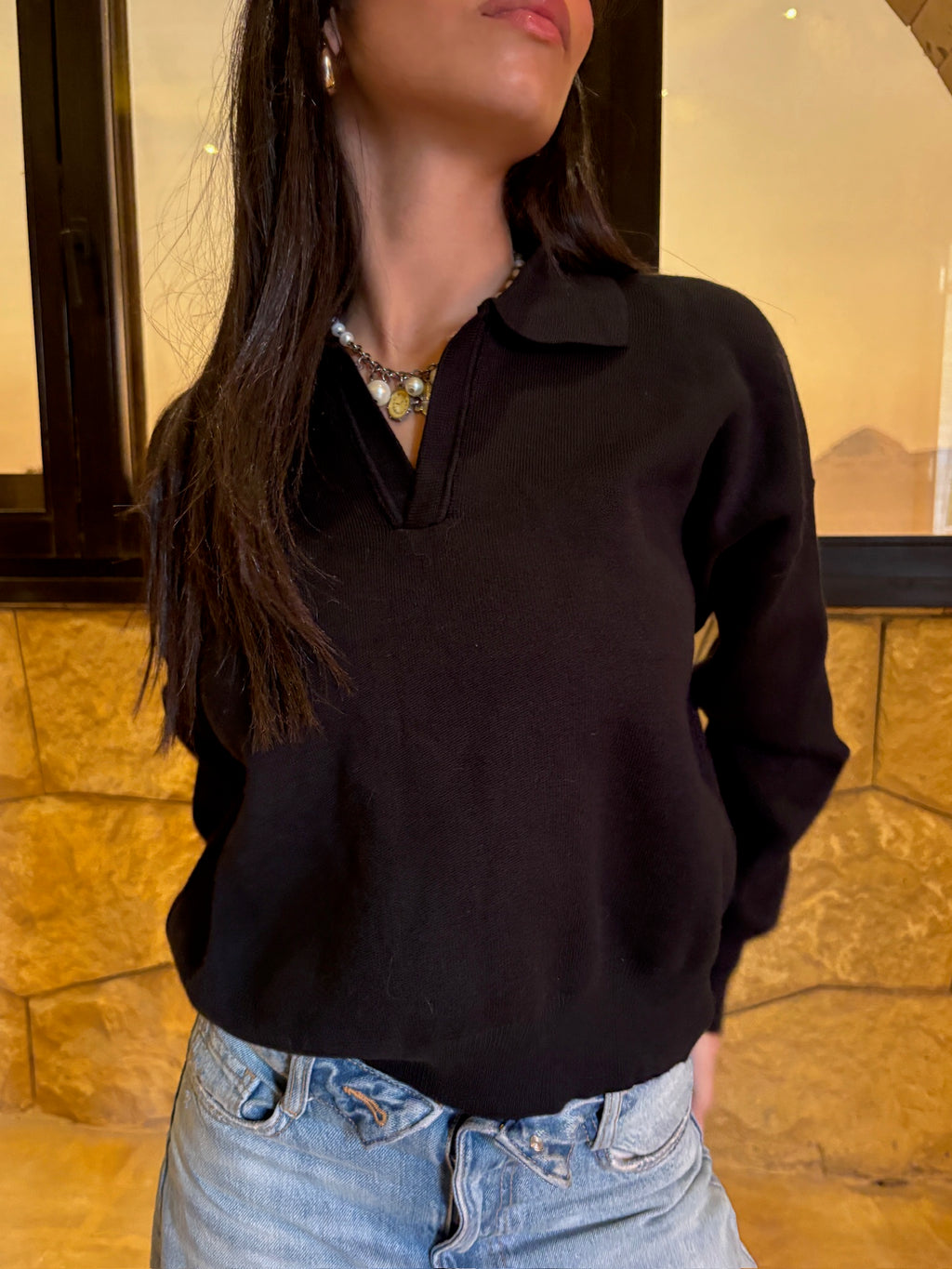 V-Knit Polo Black Sweater