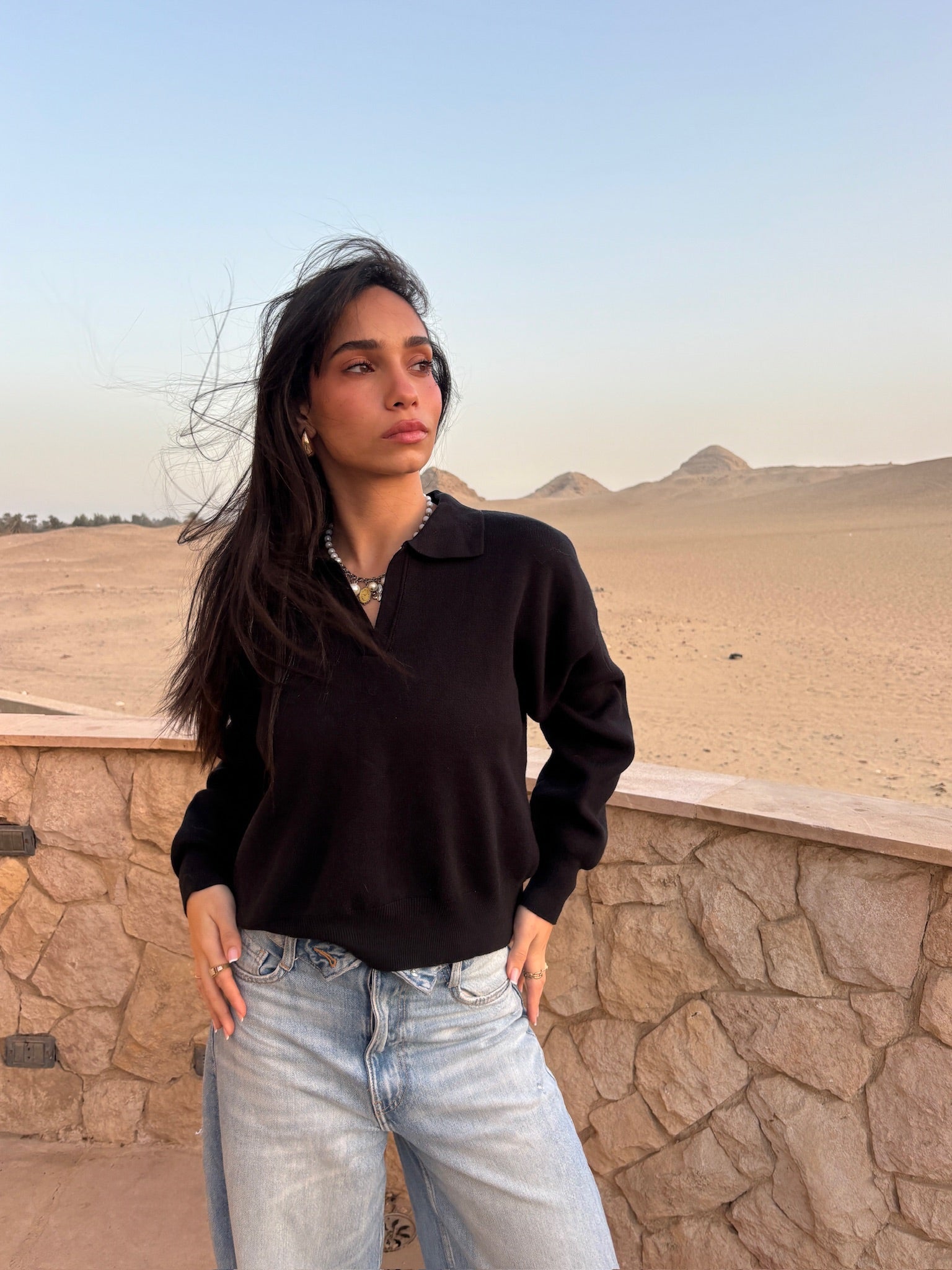 V-Knit Polo Black Sweater