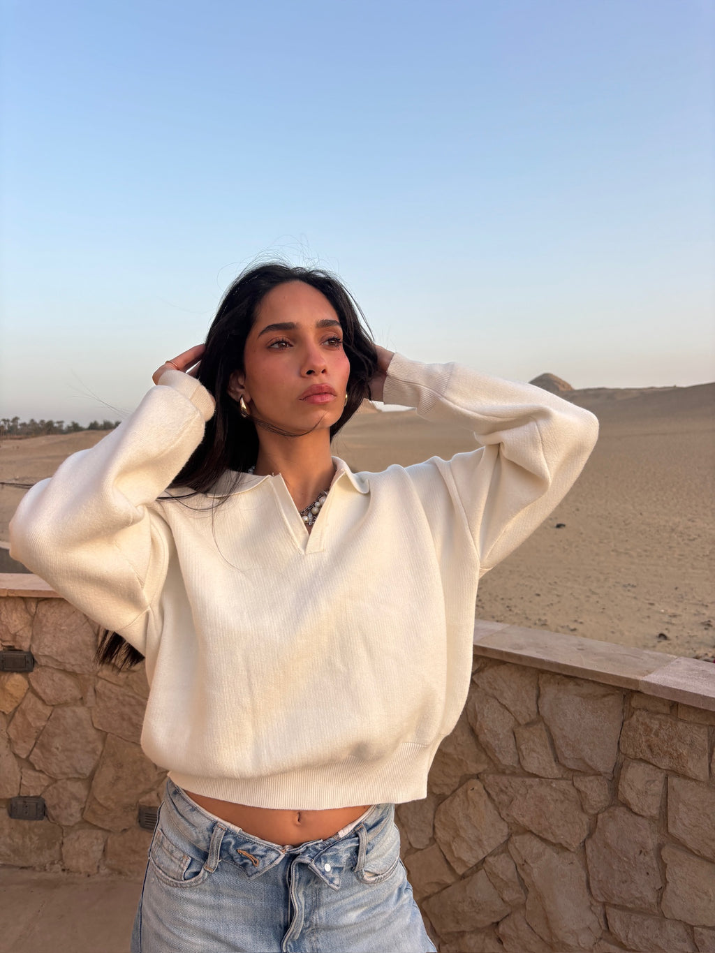 V-Knit Polo White Sweater