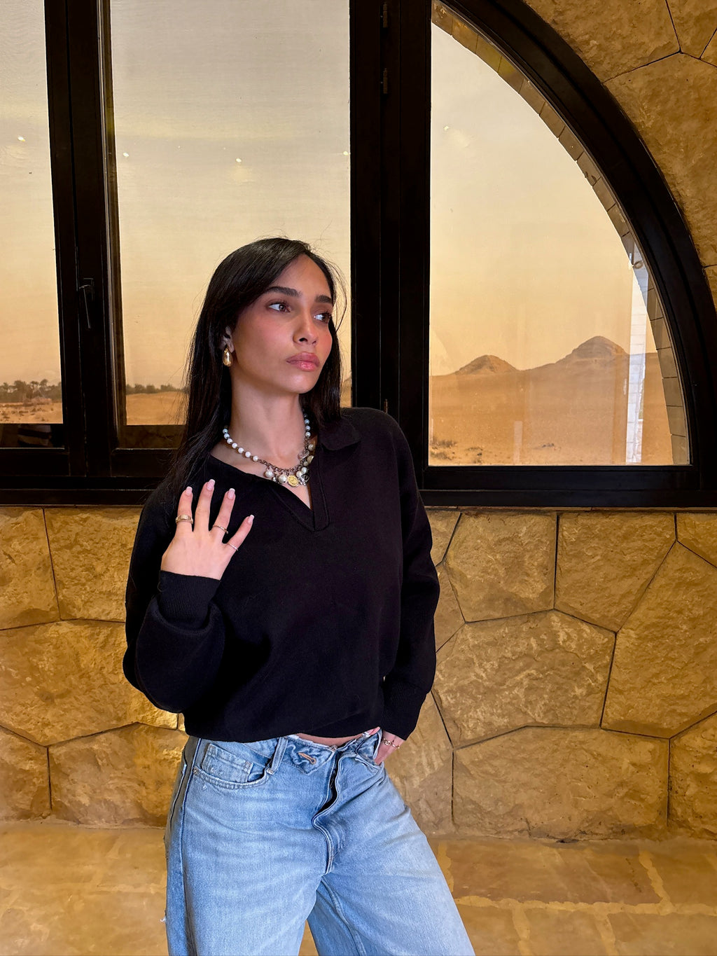 V-Knit Polo Black Sweater