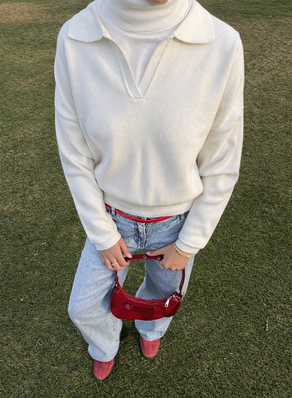 V-Knit Polo White Sweater