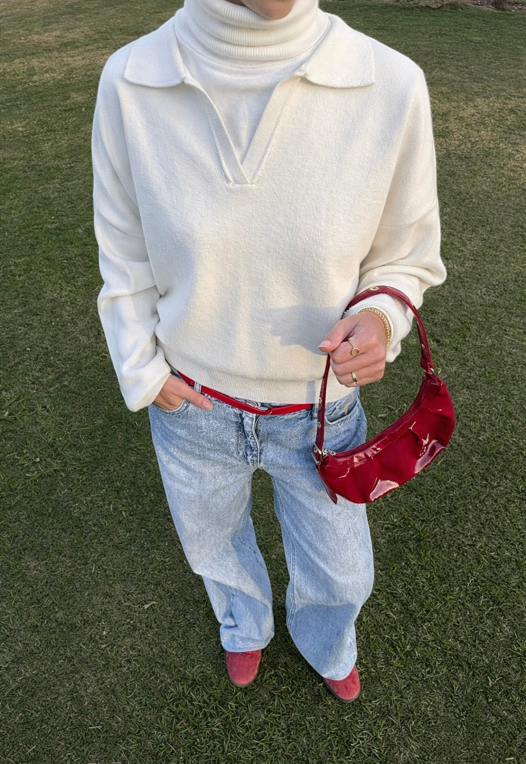 V-Knit Polo White Sweater