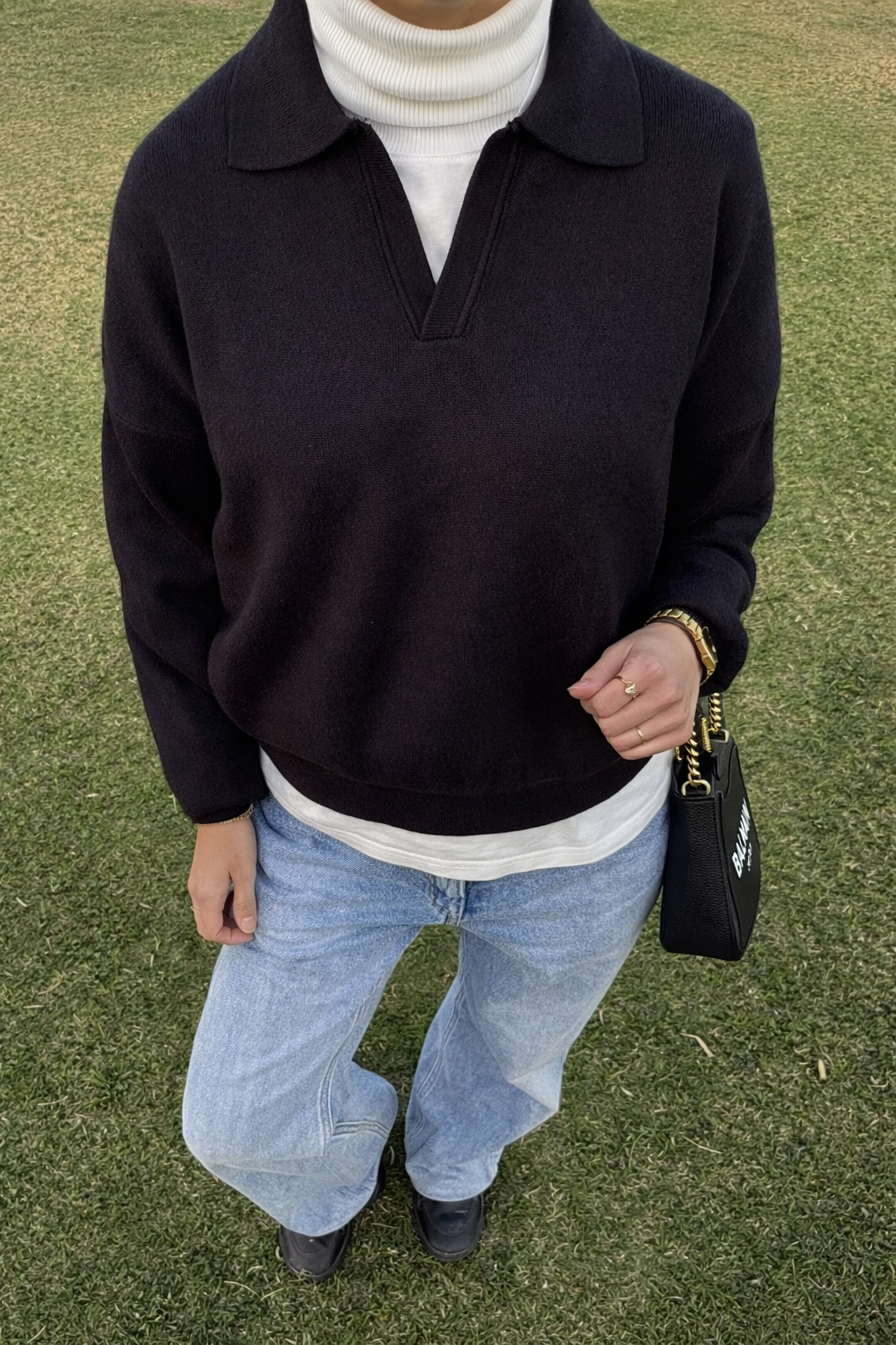 V-Knit Polo Black Sweater