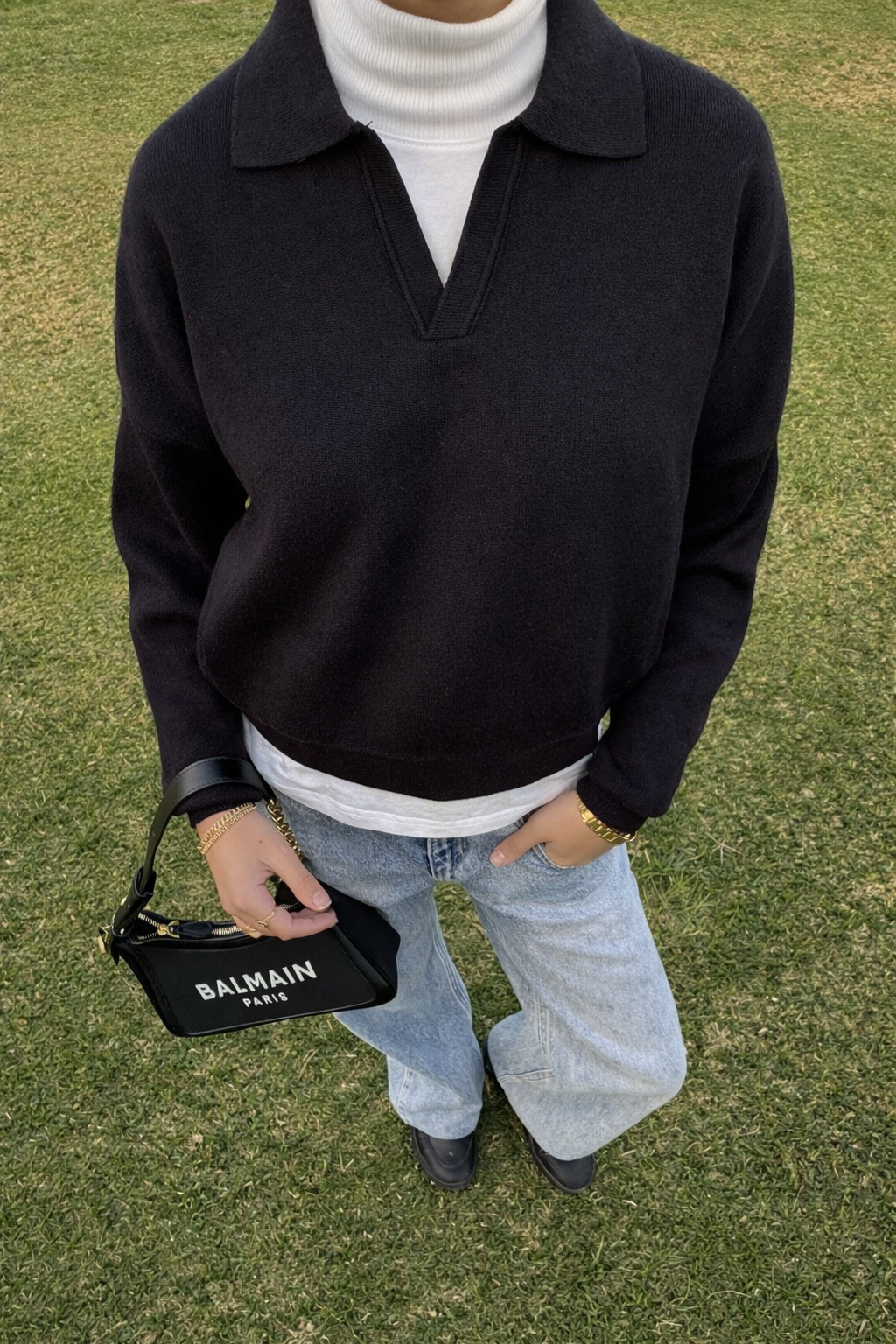 V-Knit Polo Black Sweater